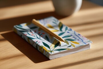 sticker mockup on notebook, realistic texture, vibrant colors, soft sunlight