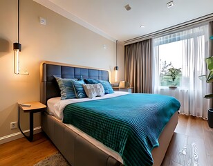 Modern bedroom interior with teal accents