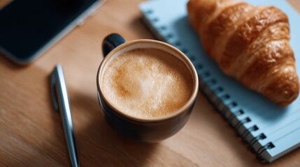 cinematic top view of coffee shop table with latte, croissant, notebook, pen, and smartphone