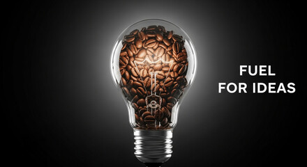 A lightbulb filled with coffee beans, symbolizing fuel for ideas and creativity.
