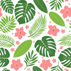 Seamless tropical vector pattern featuring monstera, palm fronds, and hibiscus flowers in bold flat style with vibrant green and pink colors, perfect for summer design.