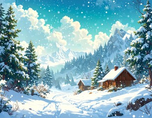 Fototapeta premium Snowy mountain village scene