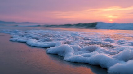 beach sunset with vibrant pink and orange sky, waves gently hitting the shore