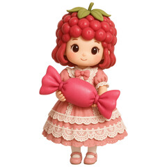 Fototapeta premium Cute Girl Character With Raspberry Hair Holding Pink Candy in Pastel Dress
