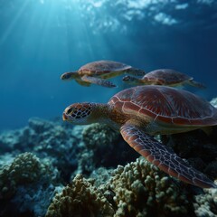 Obraz premium underwater scene with sea turtles gliding over coral reef