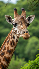 Fototapeta premium Front Facing Giraffe Portrait with Brown Spots and Green Background