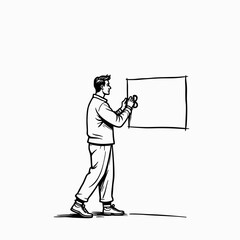 Young man drawing on blank canvas in minimalist indoor setting  