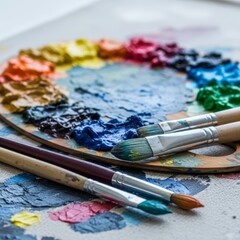Colorful Oil Paints and Brushes on a Palette