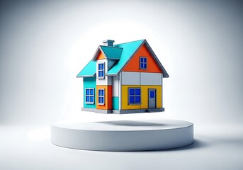 Stylized multicolored house resting on a display plinth showcasing design