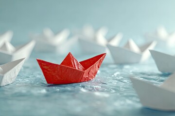 Obraz premium Red Paper Boat Leading White Paper Boats.