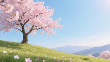 Naklejka premium A blooming cherry tree on a grassy hillside with distant mountains under a clear blue sky