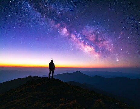 Silhouette of a person on mountaintop under a starry night sky with the Milky Way