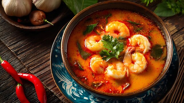 Tom Yum Goong in a bowl with shrimp arranged neatly