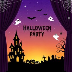 Happy Halloween party invitation with a spooky haunted house, cute ghosts, and jack-o-lanterns