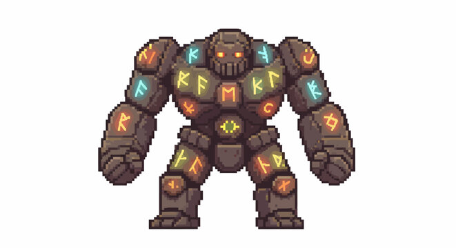 Pixel art stone golem with glowing ancient runes on its body, standing upright, a fantasy game character sprite.