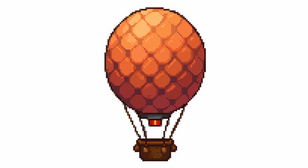 Pixel art illustration of a vintage-style hot air balloon with an orange textured envelope and a brown basket, isolated on white.