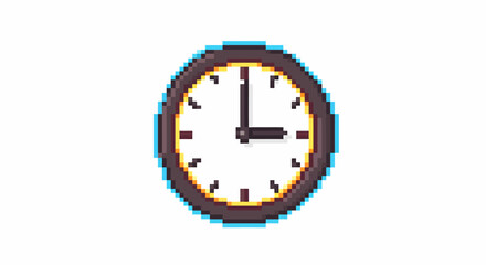 Pixel art illustration of a round wall clock showing 3 o'clock with a light blue outline on a white background.