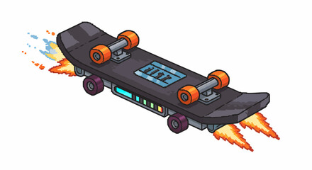 Naklejka premium Pixel art illustration of a futuristic rocket-powered skateboard flying with flames and a glowing energy bar.