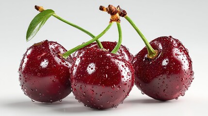 Three fresh, ripe cherries glistening with water droplets against a bright, neutral background