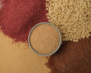 Assorted Grains and Seeds in a Bowl and Piles stock
