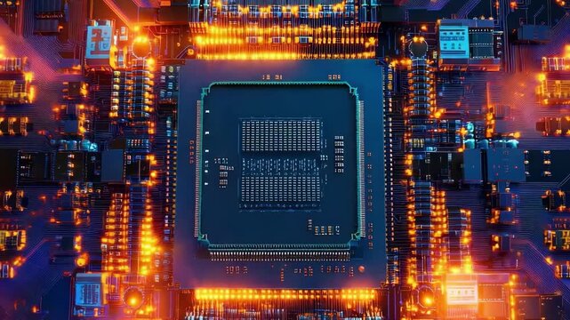 Top-down view of a microprocessor on a motherboard with bright orange glow and blue circuitry.