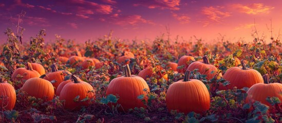 A vibrant sunset illuminates a sprawling pumpkin patch, ripe orange pumpkins nestled amongst verdant foliage
