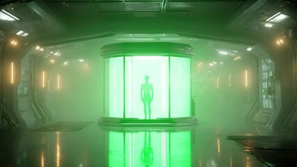 Strange figure appears in glowing chamber inside futuristic sci-fi environment