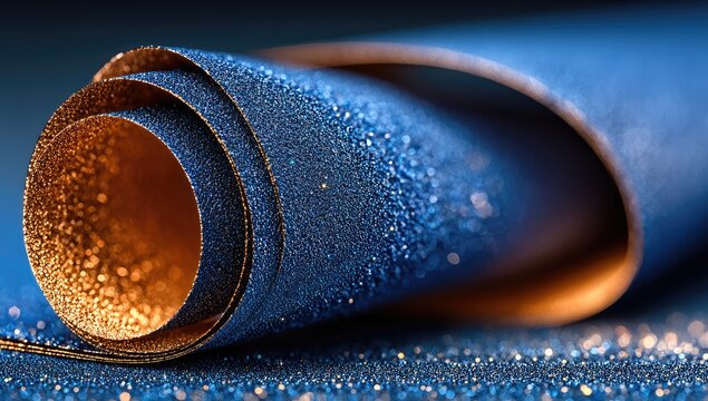 Close-up of a rolled-up sheet of dark blue, glitter-covered material with a copper-toned inner layer, resting on a matching glitter surface.  Water droplets are visible on the blue surface