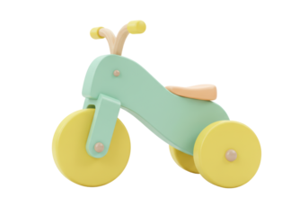 Isolated wooden balance bike toy in a playful green and yellow color scheme for children
