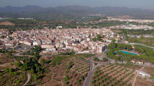Aerial view of the small town of Altura in the province of Castellon, Spain. Beautiful landscape with traditional houses and mountains