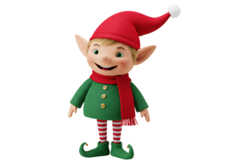 Isolated Christmas elf toy in holiday dress, red striped leggings, festive footwear