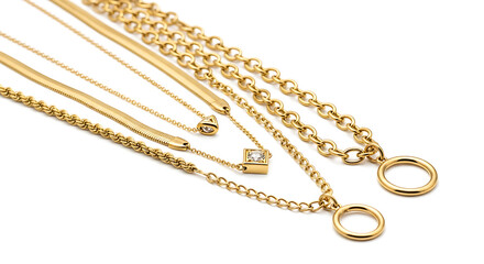 Golden layered necklaces create a stunning and elegant jewelry collection on a clean white background