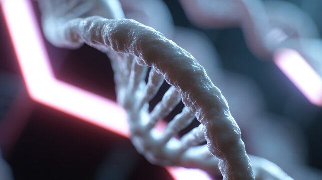 biotechnology illustration, DNA helix glowing in 3D, futuristic lab environment, neon lighting