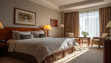 Sunlit hotel room with king-size bed, two armchairs, side tables, and artwork on walls.  Warm, neutral tones dominate the elegant and spacious interior