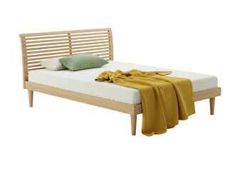 Isolated stylish bed with wooden frame, mattress, pillows and blanket. Scandinavian style.