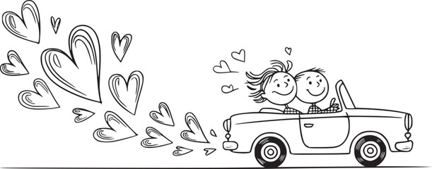 Love on the Road: A joyful cartoon couple cruises in a classic convertible, surrounded by a whimsical trail of hearts. Capturing the essence of love, adventure, and togetherness.