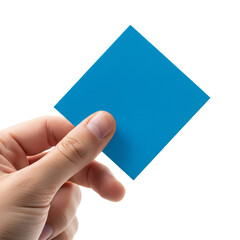 Hand holding a small blue square card isolated on a white background PNG cutout transparent background isolate