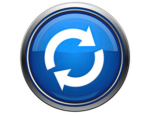 Round, glossy blue button with silver border; white circular arrows
