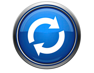 Round, glossy blue button with silver border; white circular arrows