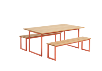 Isolated outdoor picnic table set, wood benches, metal frame, modern, summer gathering
