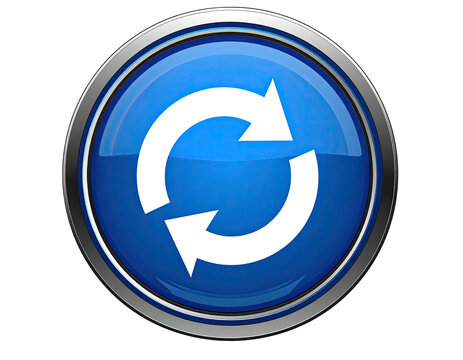 Round, glossy blue button with silver border; white circular arrows - Powered by Adobe