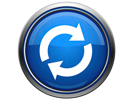 Round, glossy blue button with silver border; white circular arrows