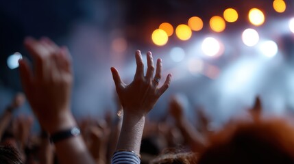 concert audience waving hands under stage lights, energetic vibe