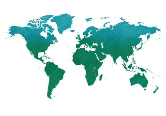 Isolated World map artwork with blue and green gradient coloring and paper texture effect