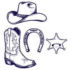 Vintage cowboy elements including hat boot horseshoe and sheriff badge illustration