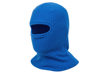 Isolated knitted balaclava with face opening, protection for cold days, blue, outdoors