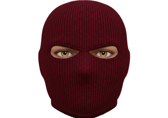 Isolated portrait of person wearing red knitted balaclava ski mask with eye holes only