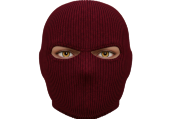 Isolated portrait of person wearing red knitted balaclava ski mask with eye holes only