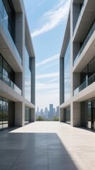 Modern architectural walkway between two high-rise buildings with city skyline in the distance