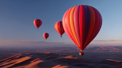 Fototapeta premium cinematic top view of hot air balloons floating over a desert at sunrise
